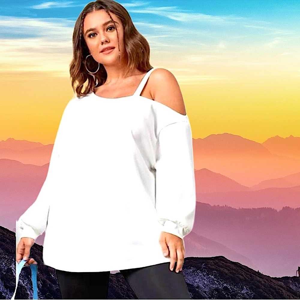 🆕Boutique Women’s plus-size White Cold-shoulder Sweatshirt Top❤️❤️2X